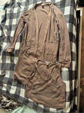 Long Waffle-Knit Open Cardigan and Tank Set - Brown